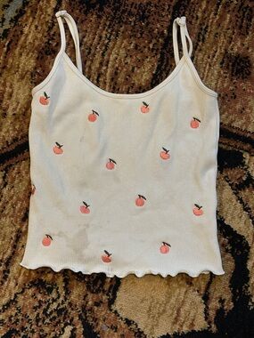 White Ribbed Peach Embroidered Crop Tank Top